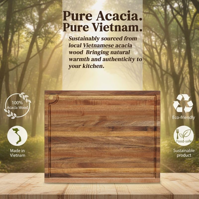 Premium Acacia Wood Butcher Block Cutting Board, 14" x 10" x 1.5" Thick Edge Grain with Deep Juice Groove, Solid Hardwood Serving Platter, Non-Toxic & BPA Free by New M Way