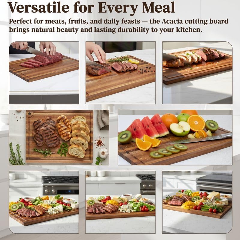Premium Acacia Wood Butcher Block Cutting Board, 14" x 10" x 1.5" Thick Edge Grain with Deep Juice Groove, Solid Hardwood Serving Platter, Non-Toxic & BPA Free by New M Way