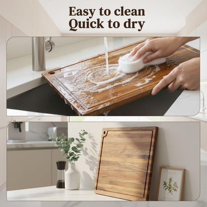 Premium Acacia Wood Butcher Block Cutting Board, 14" x 10" x 1.5" Thick Edge Grain with Deep Juice Groove, Solid Hardwood Serving Platter, Non-Toxic & BPA Free by New M Way