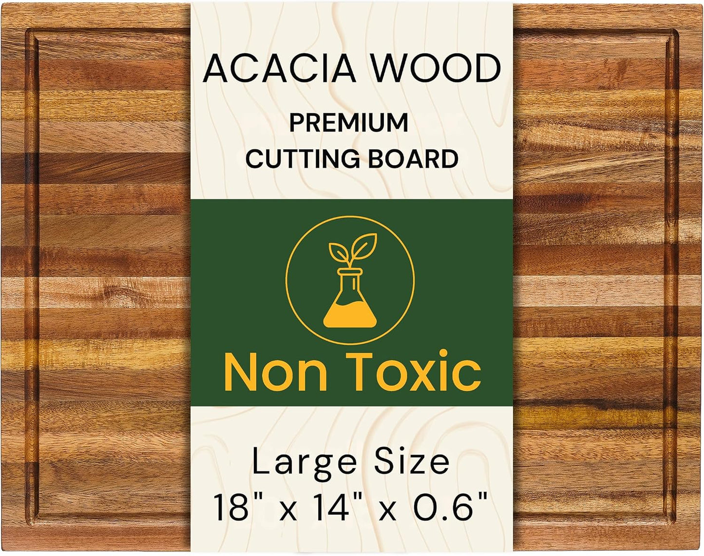Premium Acacia Wood Butcher Block Cutting Board, 14" x 10" x 1.5" Thick Edge Grain with Deep Juice Groove, Solid Hardwood Serving Platter, Non-Toxic & BPA Free by New M Way