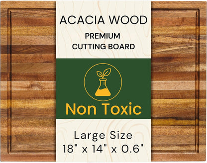 Premium Acacia Wood Butcher Block Cutting Board, 14" x 10" x 1.5" Thick Edge Grain with Deep Juice Groove, Solid Hardwood Serving Platter, Non-Toxic & BPA Free by New M Way