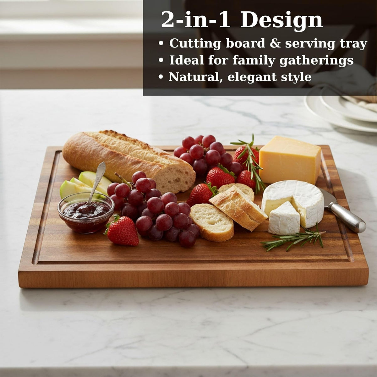 Premium Acacia Wood Butcher Block Cutting Board, 14" x 10" x 1.5" Thick Edge Grain with Deep Juice Groove, Solid Hardwood Serving Platter, Non-Toxic & BPA Free by New M Way