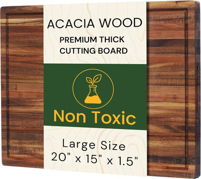 Premium Acacia Wood Butcher Block Cutting Board, 14" x 10" x 1.5" Thick Edge Grain with Deep Juice Groove, Solid Hardwood Serving Platter, Non-Toxic & BPA Free by New M Way