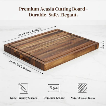 Premium Acacia Wood Butcher Block Cutting Board, 14" x 10" x 1.5" Thick Edge Grain with Deep Juice Groove, Solid Hardwood Serving Platter, Non-Toxic & BPA Free by New M Way