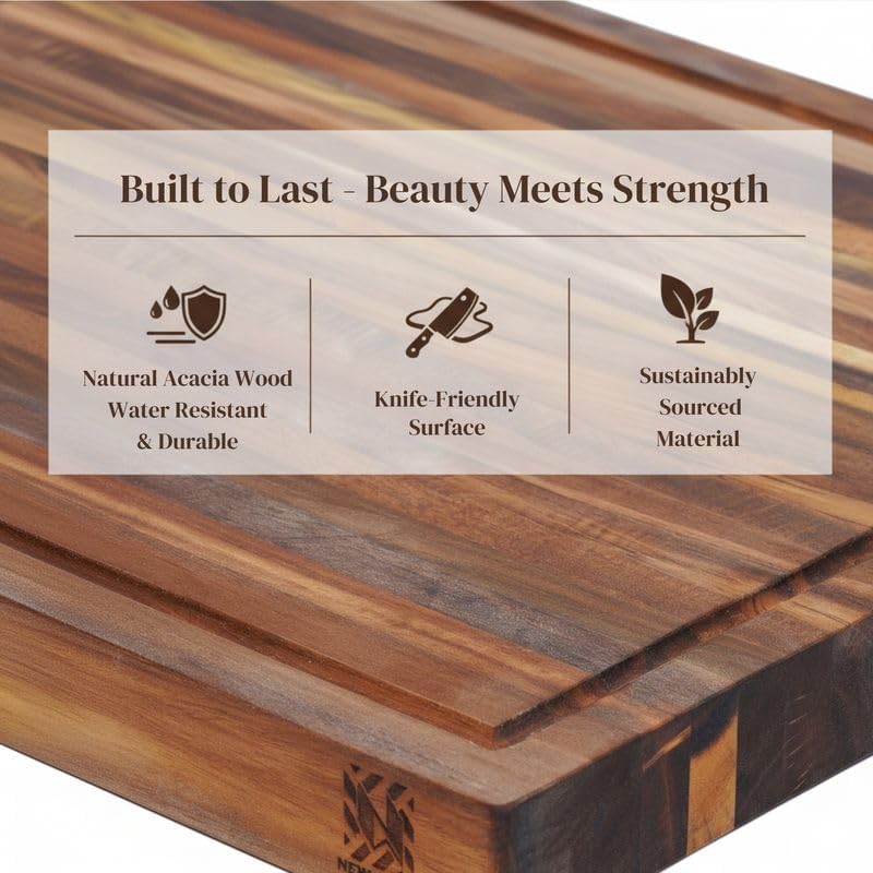 Premium Acacia Wood Butcher Block Cutting Board, 14" x 10" x 1.5" Thick Edge Grain with Deep Juice Groove, Solid Hardwood Serving Platter, Non-Toxic & BPA Free by New M Way