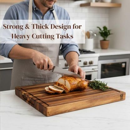Premium Acacia Wood Butcher Block Cutting Board, 14" x 10" x 1.5" Thick Edge Grain with Deep Juice Groove, Solid Hardwood Serving Platter, Non-Toxic & BPA Free by New M Way