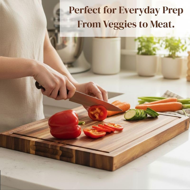Premium Acacia Wood Butcher Block Cutting Board, 14" x 10" x 1.5" Thick Edge Grain with Deep Juice Groove, Solid Hardwood Serving Platter, Non-Toxic & BPA Free by New M Way