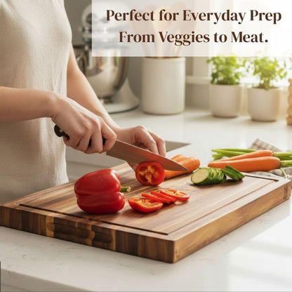 Premium Acacia Wood Butcher Block Cutting Board, 14" x 10" x 1.5" Thick Edge Grain with Deep Juice Groove, Solid Hardwood Serving Platter, Non-Toxic & BPA Free by New M Way