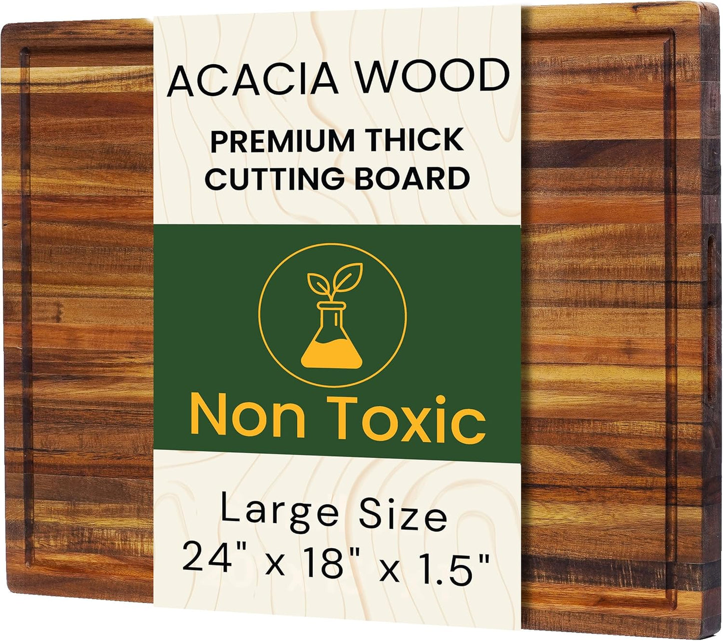 Premium Acacia Wood Butcher Block Cutting Board, 14" x 10" x 1.5" Thick Edge Grain with Deep Juice Groove, Solid Hardwood Serving Platter, Non-Toxic & BPA Free by New M Way