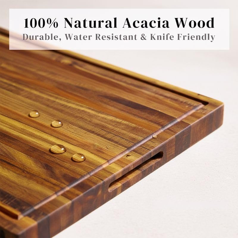 Premium Acacia Wood Butcher Block Cutting Board, 14" x 10" x 1.5" Thick Edge Grain with Deep Juice Groove, Solid Hardwood Serving Platter, Non-Toxic & BPA Free by New M Way