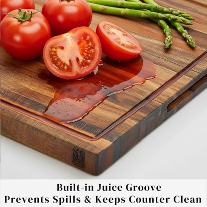 Premium Acacia Wood Butcher Block Cutting Board, 14" x 10" x 1.5" Thick Edge Grain with Deep Juice Groove, Solid Hardwood Serving Platter, Non-Toxic & BPA Free by New M Way