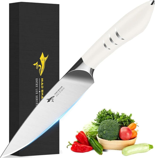 Utility Kitchen Knife 5 Inch Paring Knife, Razor Sharp Fruit Petty Knife with Gift Box, Ideal for Slicing, Chopping, Dicing and Coring, White