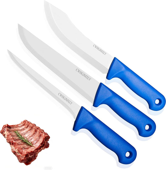 3-Piece Butcher Knife Set - 8" Chef Knife & 7.5" Butcher Knife, 7" Boning Knife | Non-Slip Blue Handle, High Chromium Stainless Steel | Ideal For Meat Processing, Durable, Gift For Men