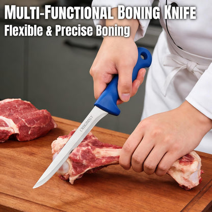 3-Piece Butcher Knife Set - 8" Chef Knife & 7.5" Butcher Knife, 7" Boning Knife | Non-Slip Blue Handle, High Chromium Stainless Steel | Ideal For Meat Processing, Durable, Gift For Men