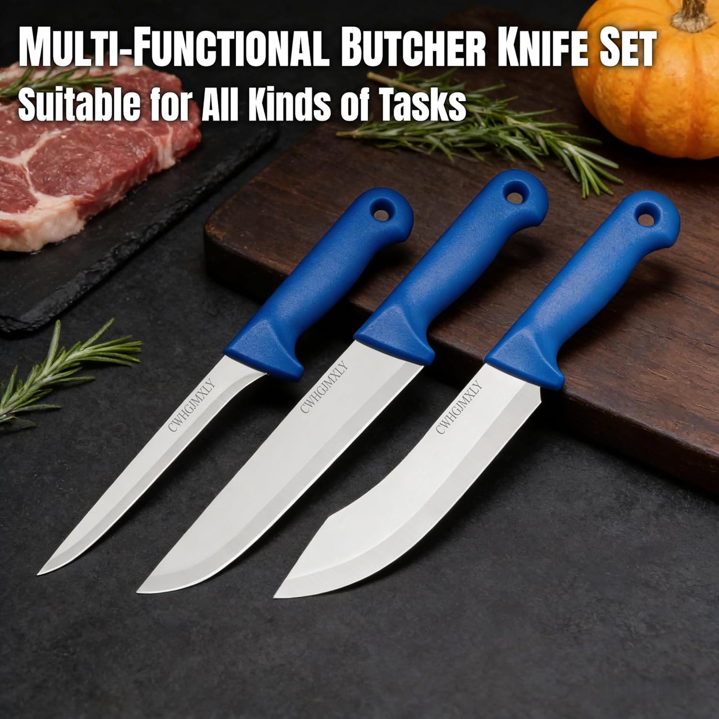 3-Piece Butcher Knife Set - 8" Chef Knife & 7.5" Butcher Knife, 7" Boning Knife | Non-Slip Blue Handle, High Chromium Stainless Steel | Ideal For Meat Processing, Durable, Gift For Men
