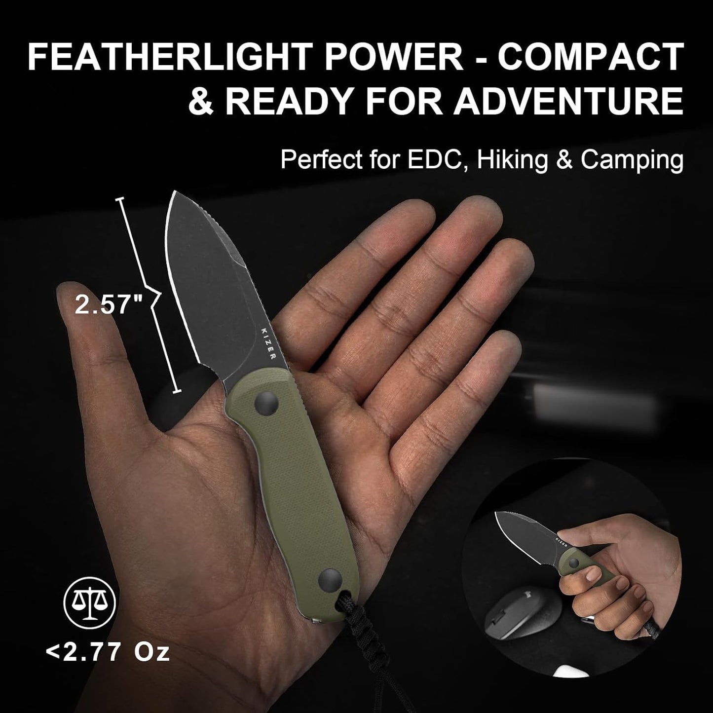 Drop Bear Fixed Blade Knife, 2.57" Black Stonewash D2 Blade EDC Camping Knife with Olive Green G10 Handle & Hidden Tool, Full Tang Hunting Survival Knives with Adjustable Kydex Sheath, 1094M1