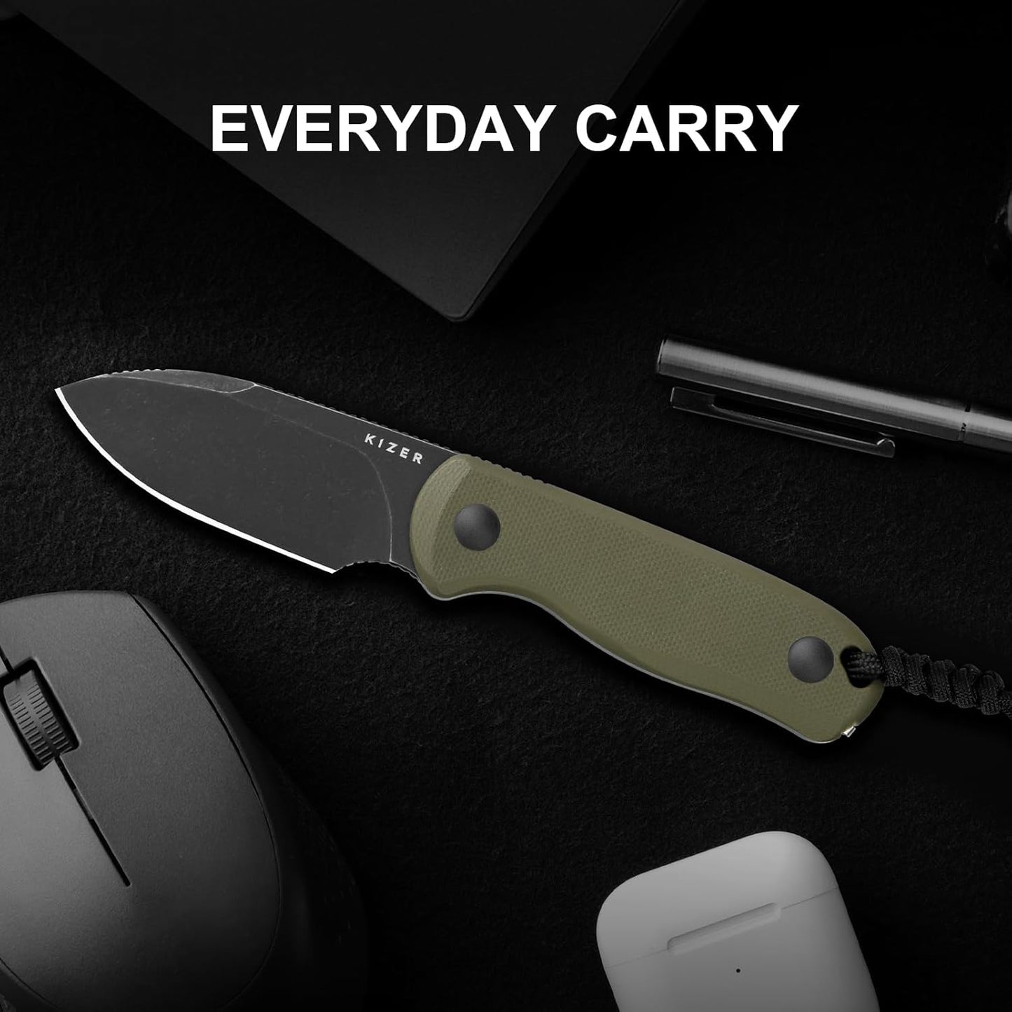 Drop Bear Fixed Blade Knife, 2.57" Black Stonewash D2 Blade EDC Camping Knife with Olive Green G10 Handle & Hidden Tool, Full Tang Hunting Survival Knives with Adjustable Kydex Sheath, 1094M1
