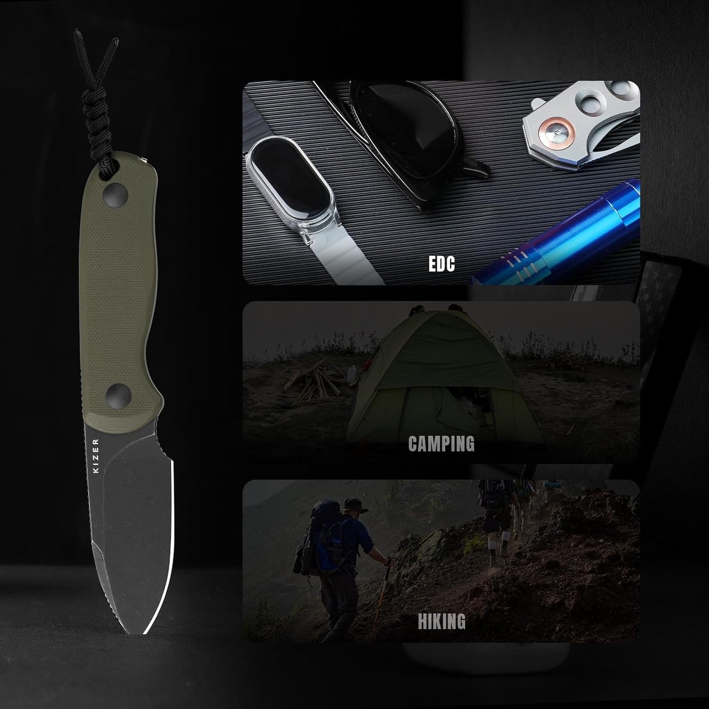 Drop Bear Fixed Blade Knife, 2.57" Black Stonewash D2 Blade EDC Camping Knife with Olive Green G10 Handle & Hidden Tool, Full Tang Hunting Survival Knives with Adjustable Kydex Sheath, 1094M1