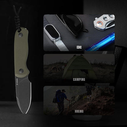 Drop Bear Fixed Blade Knife, 2.57" Black Stonewash D2 Blade EDC Camping Knife with Olive Green G10 Handle & Hidden Tool, Full Tang Hunting Survival Knives with Adjustable Kydex Sheath, 1094M1