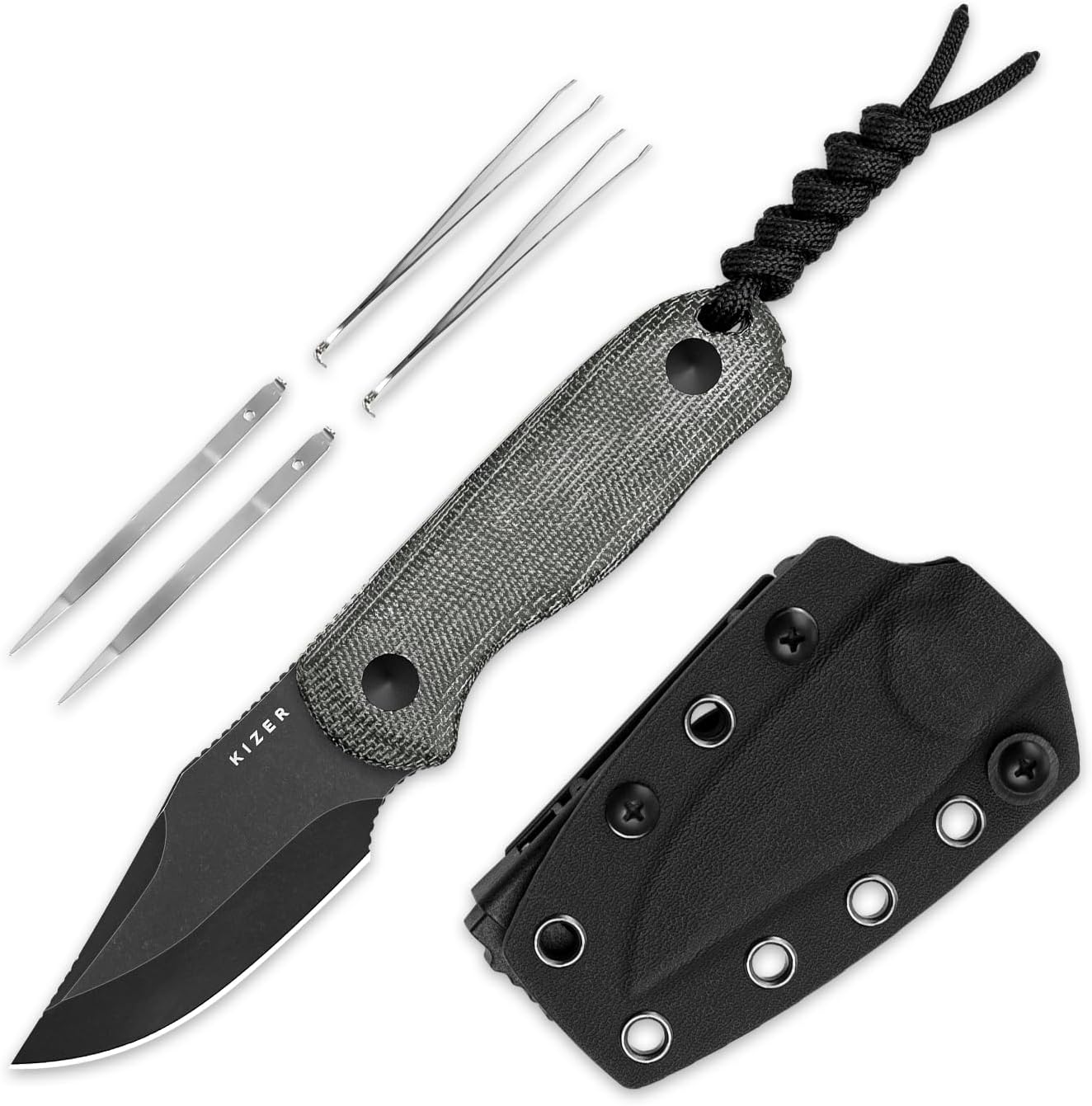 Drop Bear Fixed Blade Knife, 2.57" Black Stonewash D2 Blade EDC Camping Knife with Olive Green G10 Handle & Hidden Tool, Full Tang Hunting Survival Knives with Adjustable Kydex Sheath, 1094M1