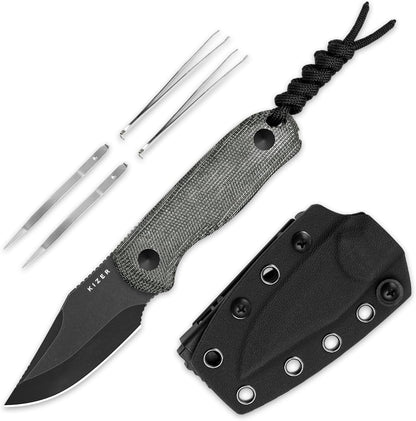 Drop Bear Fixed Blade Knife, 2.57" Black Stonewash D2 Blade EDC Camping Knife with Olive Green G10 Handle & Hidden Tool, Full Tang Hunting Survival Knives with Adjustable Kydex Sheath, 1094M1