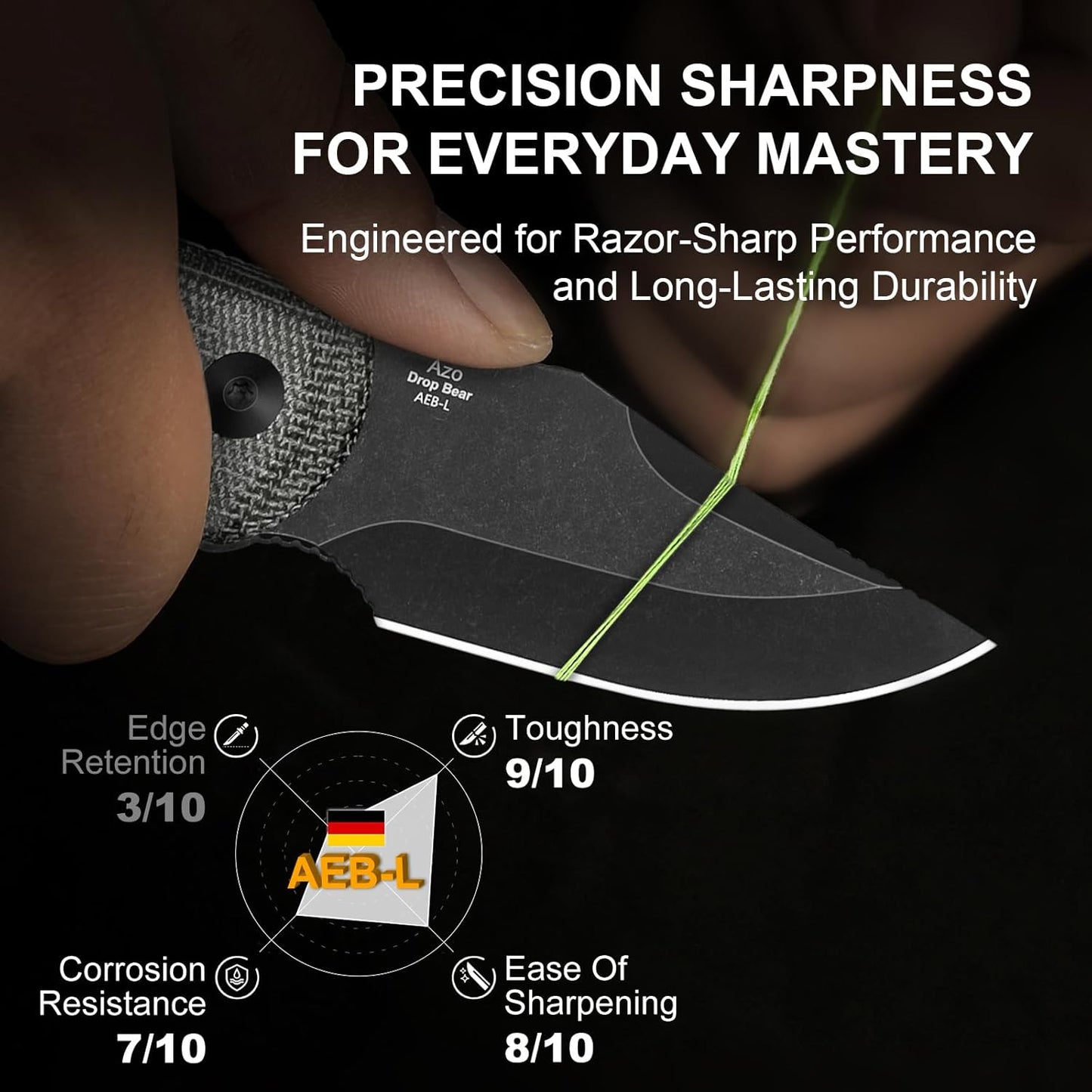 Drop Bear Fixed Blade Knife, 2.57" Black Stonewash D2 Blade EDC Camping Knife with Olive Green G10 Handle & Hidden Tool, Full Tang Hunting Survival Knives with Adjustable Kydex Sheath, 1094M1
