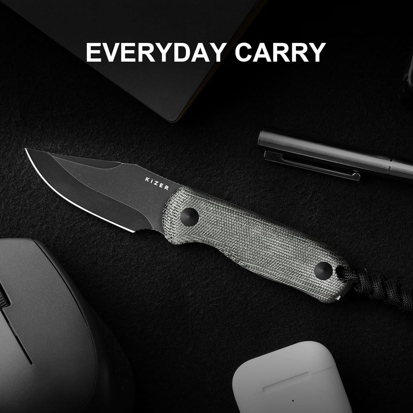 Drop Bear Fixed Blade Knife, 2.57" Black Stonewash D2 Blade EDC Camping Knife with Olive Green G10 Handle & Hidden Tool, Full Tang Hunting Survival Knives with Adjustable Kydex Sheath, 1094M1