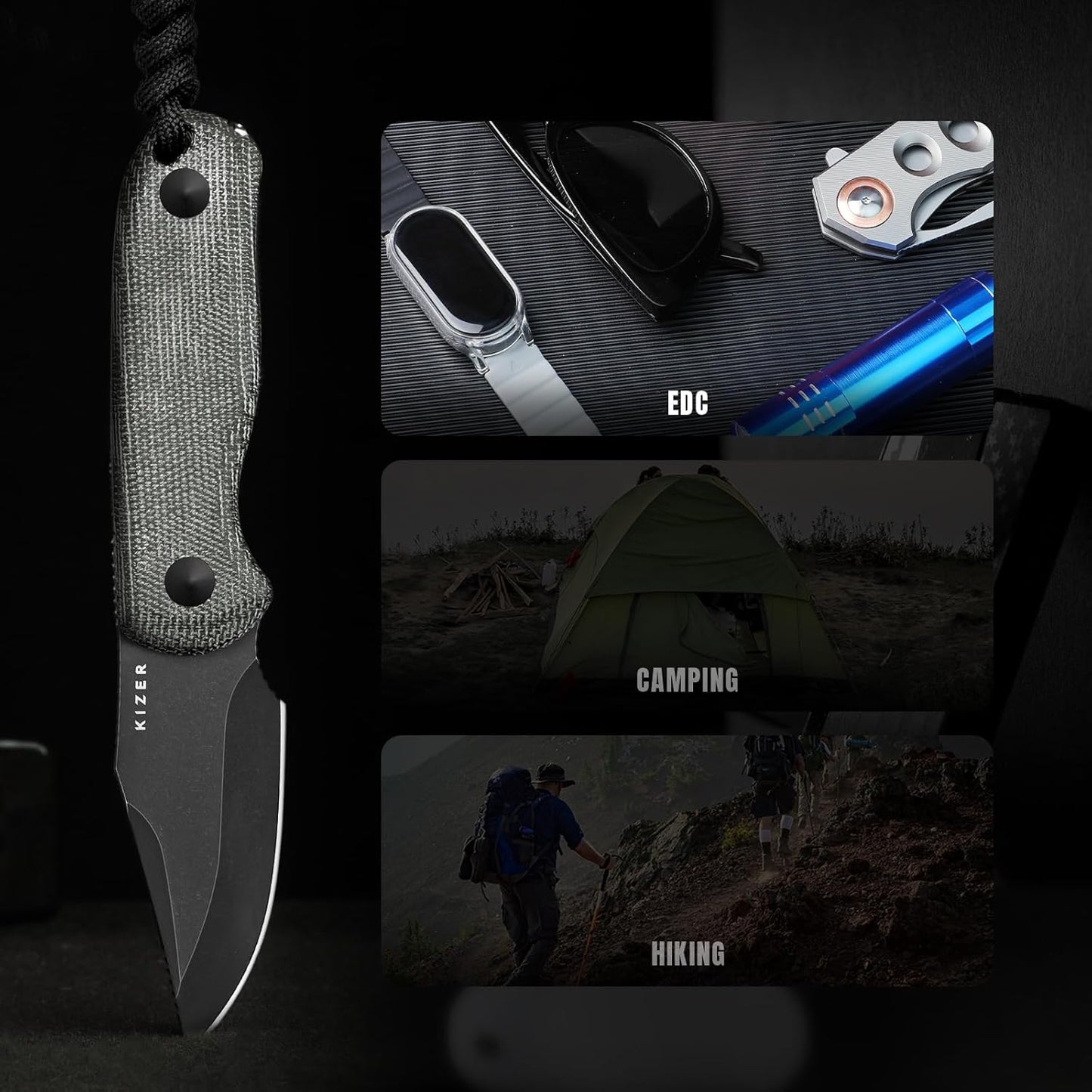 Drop Bear Fixed Blade Knife, 2.57" Black Stonewash D2 Blade EDC Camping Knife with Olive Green G10 Handle & Hidden Tool, Full Tang Hunting Survival Knives with Adjustable Kydex Sheath, 1094M1