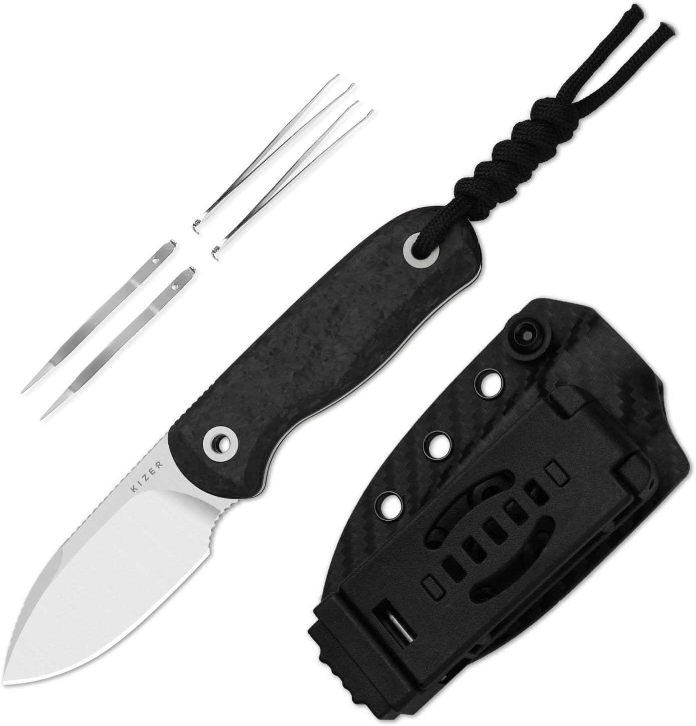 Drop Bear Fixed Blade Knife, 2.57" Black Stonewash D2 Blade EDC Camping Knife with Olive Green G10 Handle & Hidden Tool, Full Tang Hunting Survival Knives with Adjustable Kydex Sheath, 1094M1