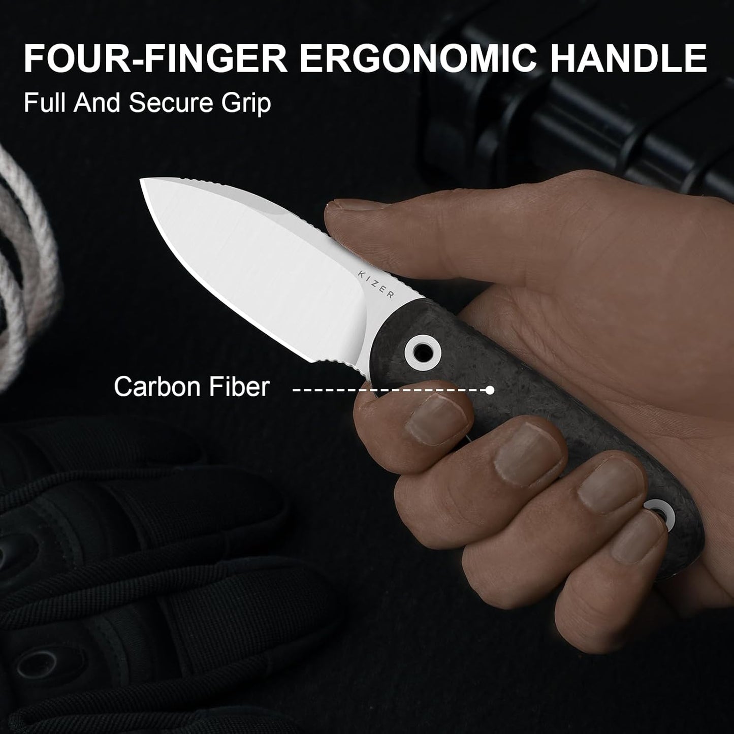 Drop Bear Fixed Blade Knife, 2.57" Black Stonewash D2 Blade EDC Camping Knife with Olive Green G10 Handle & Hidden Tool, Full Tang Hunting Survival Knives with Adjustable Kydex Sheath, 1094M1