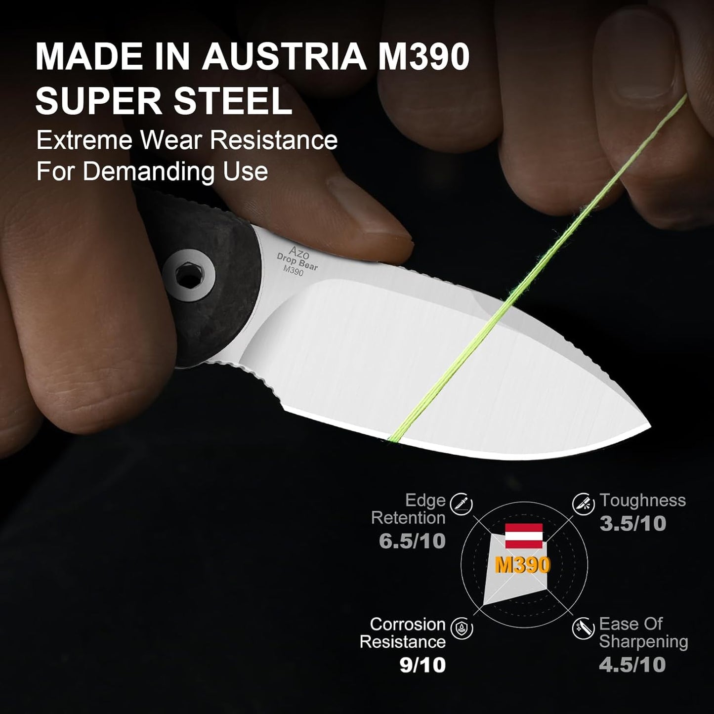 Drop Bear Fixed Blade Knife, 2.57" Black Stonewash D2 Blade EDC Camping Knife with Olive Green G10 Handle & Hidden Tool, Full Tang Hunting Survival Knives with Adjustable Kydex Sheath, 1094M1