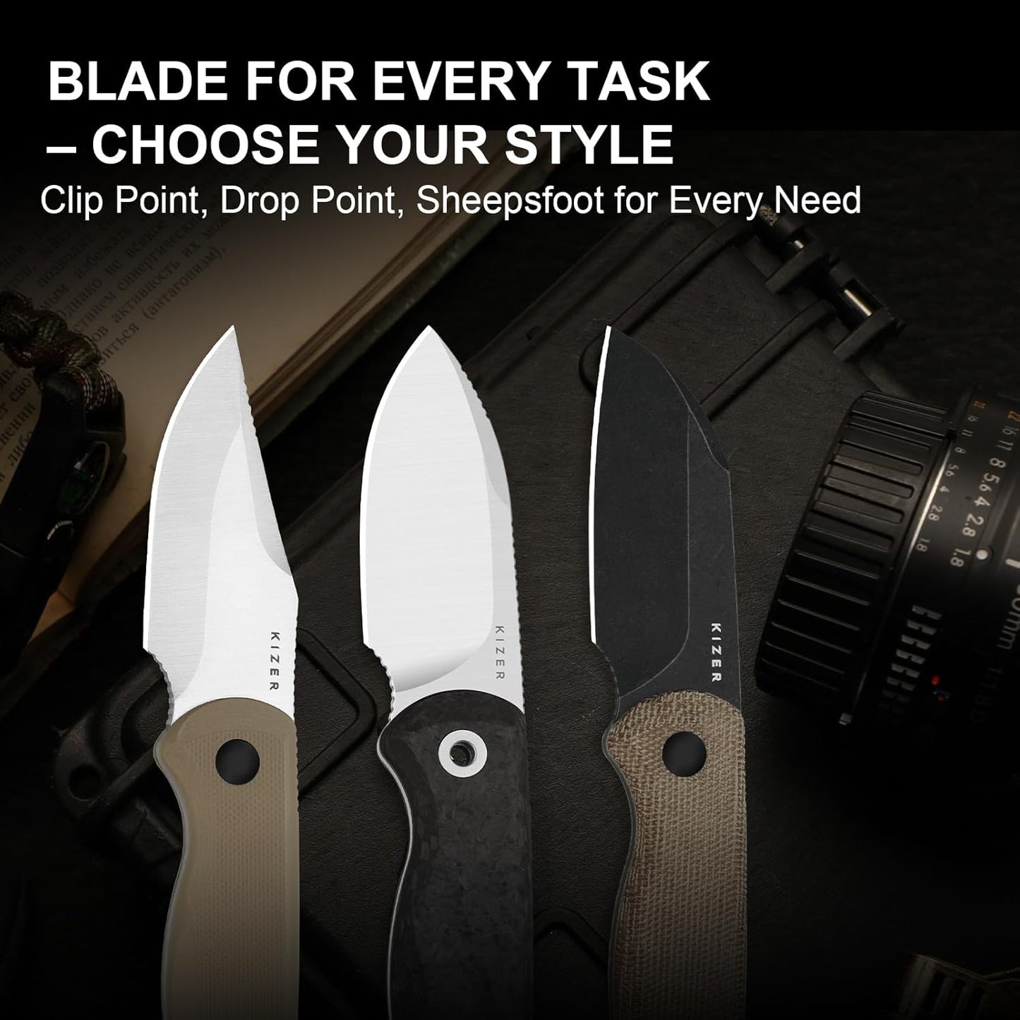 Drop Bear Fixed Blade Knife, 2.57" Black Stonewash D2 Blade EDC Camping Knife with Olive Green G10 Handle & Hidden Tool, Full Tang Hunting Survival Knives with Adjustable Kydex Sheath, 1094M1