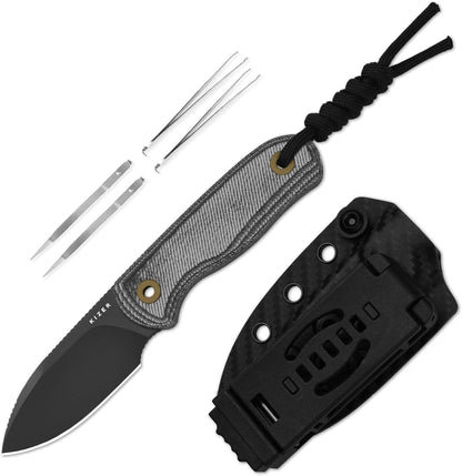 Drop Bear Fixed Blade Knife, 2.57" Black Stonewash D2 Blade EDC Camping Knife with Olive Green G10 Handle & Hidden Tool, Full Tang Hunting Survival Knives with Adjustable Kydex Sheath, 1094M1