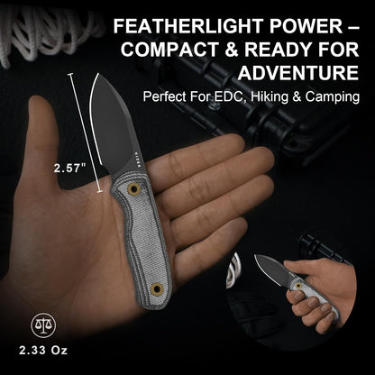 Drop Bear Fixed Blade Knife, 2.57" Black Stonewash D2 Blade EDC Camping Knife with Olive Green G10 Handle & Hidden Tool, Full Tang Hunting Survival Knives with Adjustable Kydex Sheath, 1094M1