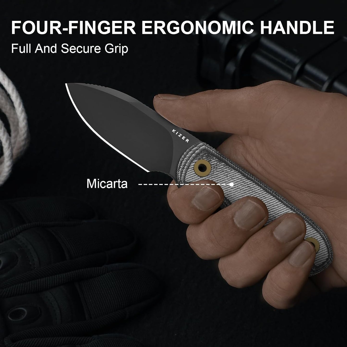 Drop Bear Fixed Blade Knife, 2.57" Black Stonewash D2 Blade EDC Camping Knife with Olive Green G10 Handle & Hidden Tool, Full Tang Hunting Survival Knives with Adjustable Kydex Sheath, 1094M1