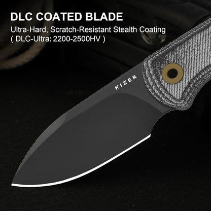 Drop Bear Fixed Blade Knife, 2.57" Black Stonewash D2 Blade EDC Camping Knife with Olive Green G10 Handle & Hidden Tool, Full Tang Hunting Survival Knives with Adjustable Kydex Sheath, 1094M1