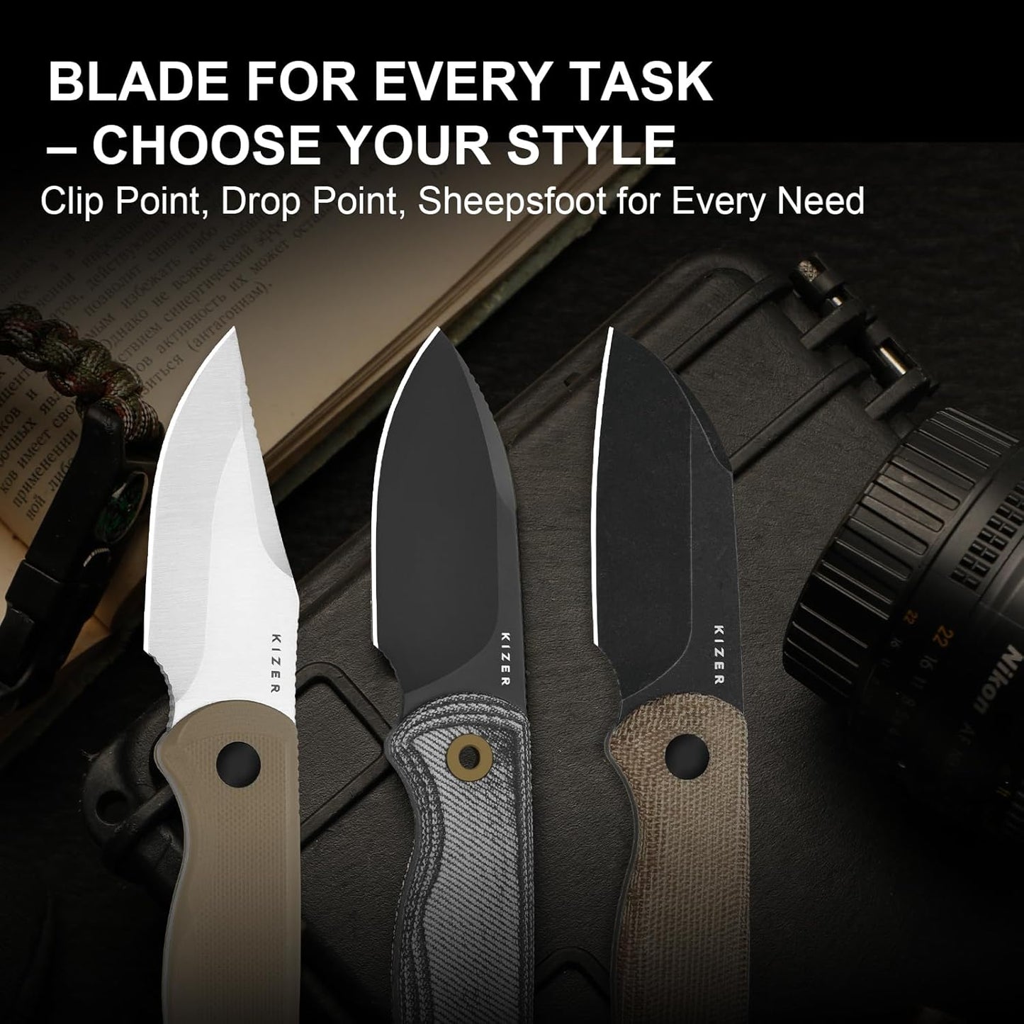 Drop Bear Fixed Blade Knife, 2.57" Black Stonewash D2 Blade EDC Camping Knife with Olive Green G10 Handle & Hidden Tool, Full Tang Hunting Survival Knives with Adjustable Kydex Sheath, 1094M1