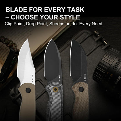 Drop Bear Fixed Blade Knife, 2.57" Black Stonewash D2 Blade EDC Camping Knife with Olive Green G10 Handle & Hidden Tool, Full Tang Hunting Survival Knives with Adjustable Kydex Sheath, 1094M1