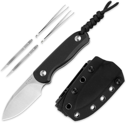 Drop Bear Fixed Blade Knife, 2.57" Black Stonewash D2 Blade EDC Camping Knife with Olive Green G10 Handle & Hidden Tool, Full Tang Hunting Survival Knives with Adjustable Kydex Sheath, 1094M1