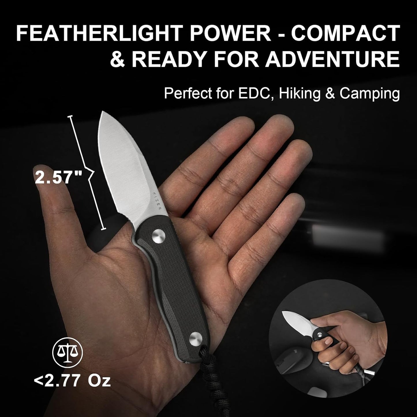 Drop Bear Fixed Blade Knife, 2.57" Black Stonewash D2 Blade EDC Camping Knife with Olive Green G10 Handle & Hidden Tool, Full Tang Hunting Survival Knives with Adjustable Kydex Sheath, 1094M1