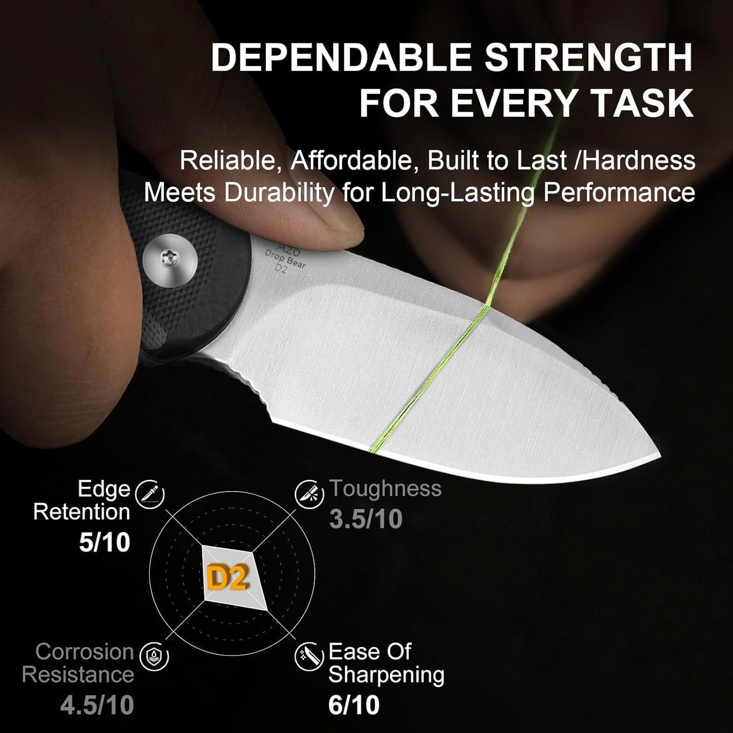 Drop Bear Fixed Blade Knife, 2.57" Black Stonewash D2 Blade EDC Camping Knife with Olive Green G10 Handle & Hidden Tool, Full Tang Hunting Survival Knives with Adjustable Kydex Sheath, 1094M1