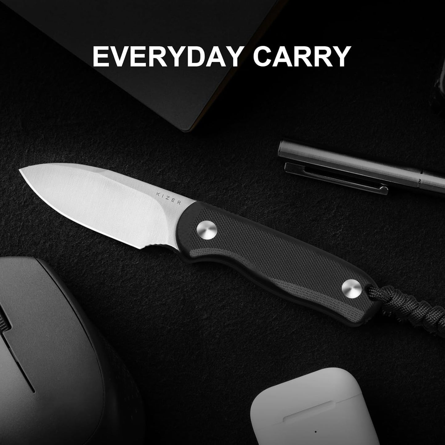 Drop Bear Fixed Blade Knife, 2.57" Black Stonewash D2 Blade EDC Camping Knife with Olive Green G10 Handle & Hidden Tool, Full Tang Hunting Survival Knives with Adjustable Kydex Sheath, 1094M1