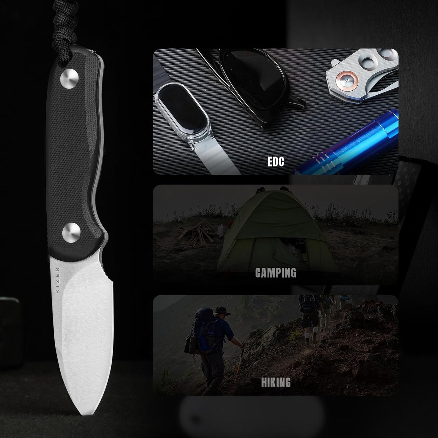 Drop Bear Fixed Blade Knife, 2.57" Black Stonewash D2 Blade EDC Camping Knife with Olive Green G10 Handle & Hidden Tool, Full Tang Hunting Survival Knives with Adjustable Kydex Sheath, 1094M1
