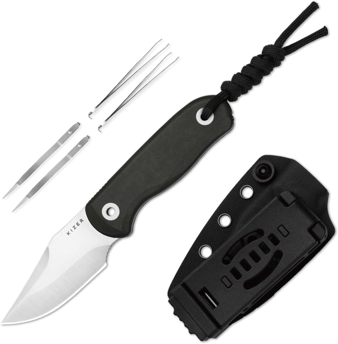 Drop Bear Fixed Blade Knife, 2.57" Black Stonewash D2 Blade EDC Camping Knife with Olive Green G10 Handle & Hidden Tool, Full Tang Hunting Survival Knives with Adjustable Kydex Sheath, 1094M1