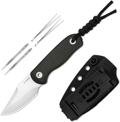 Drop Bear Fixed Blade Knife, 2.57" Black Stonewash D2 Blade EDC Camping Knife with Olive Green G10 Handle & Hidden Tool, Full Tang Hunting Survival Knives with Adjustable Kydex Sheath, 1094M1