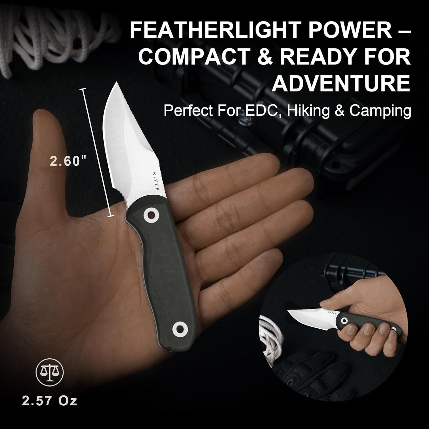 Drop Bear Fixed Blade Knife, 2.57" Black Stonewash D2 Blade EDC Camping Knife with Olive Green G10 Handle & Hidden Tool, Full Tang Hunting Survival Knives with Adjustable Kydex Sheath, 1094M1