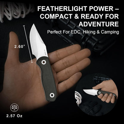 Drop Bear Fixed Blade Knife, 2.57" Black Stonewash D2 Blade EDC Camping Knife with Olive Green G10 Handle & Hidden Tool, Full Tang Hunting Survival Knives with Adjustable Kydex Sheath, 1094M1