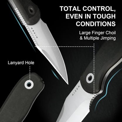 Drop Bear Fixed Blade Knife, 2.57" Black Stonewash D2 Blade EDC Camping Knife with Olive Green G10 Handle & Hidden Tool, Full Tang Hunting Survival Knives with Adjustable Kydex Sheath, 1094M1