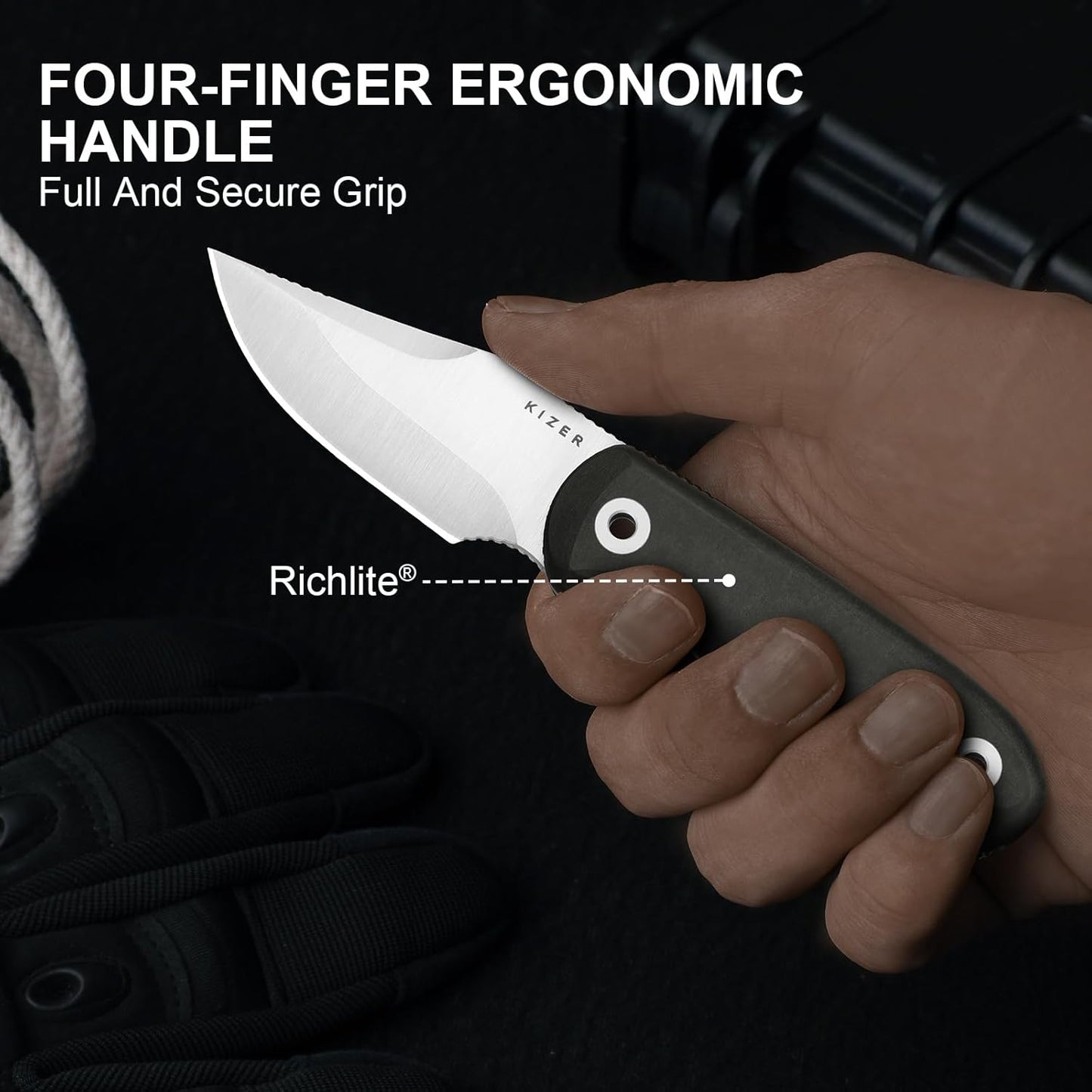 Drop Bear Fixed Blade Knife, 2.57" Black Stonewash D2 Blade EDC Camping Knife with Olive Green G10 Handle & Hidden Tool, Full Tang Hunting Survival Knives with Adjustable Kydex Sheath, 1094M1