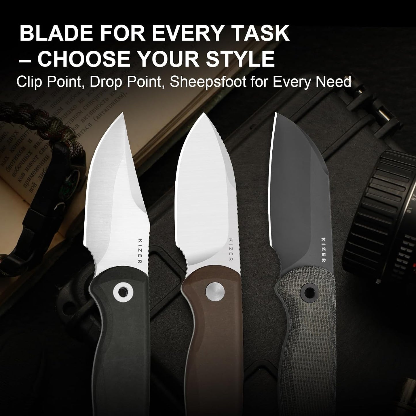 Drop Bear Fixed Blade Knife, 2.57" Black Stonewash D2 Blade EDC Camping Knife with Olive Green G10 Handle & Hidden Tool, Full Tang Hunting Survival Knives with Adjustable Kydex Sheath, 1094M1
